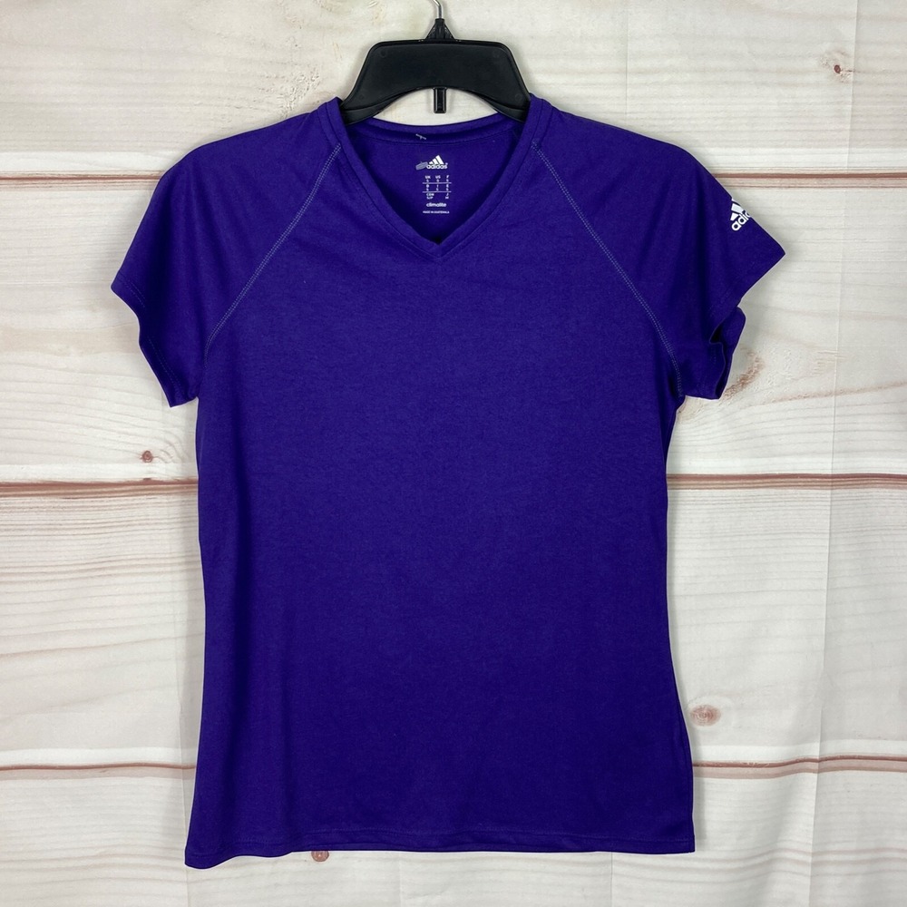Adidas Climalite Short Sleeve T-Shirt Women Top V-Neck Short Sleeve Purple Small